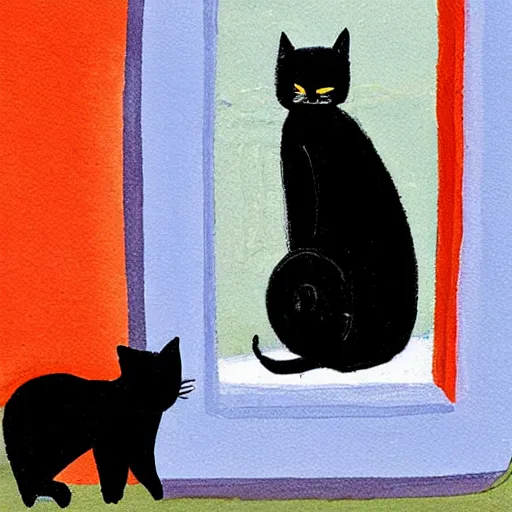 Image similar to sad black cat outside clawing at window, by Tom hammick