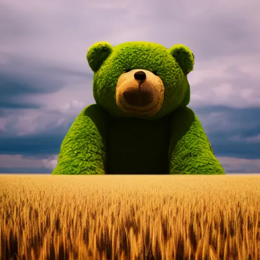 Image similar to Giant green gunmy bear sitting in a wheat field, dslr, 8k, photorealistic, cinematic, ray tracing,