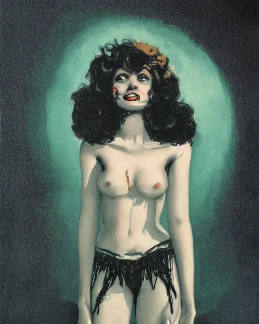 Image similar to a handsome but creepy, sinister, smiling young woman, with haunted eyes and curly hair, wearing punk clothing, 1 9 7 0 s, seventies, wallpaper, a little blood, moonlight showing injuries, delicate embellishments, painterly, offset printing technique, by brom, robert henri, walter popp