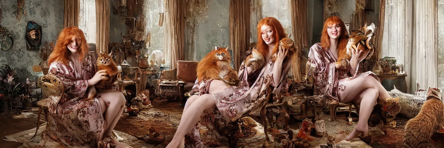 Image similar to a stunning hyper-detailed photorealistic painting of only one slender beautiful smiling woman with long ginger hair and bangs, wearing a luxurious silk robe, wearing headphones and posing with her large ginger tabby cat and her raccoon and parrots in an overstuffed easy chair in her sunlit victorian living room, holding a porcelain parrot-shaped coffee mug and a donut, perfect eyes, fashion photography, cinematic lighting, octane render, IBEX Masters, unreal engine, 85 mm lens,