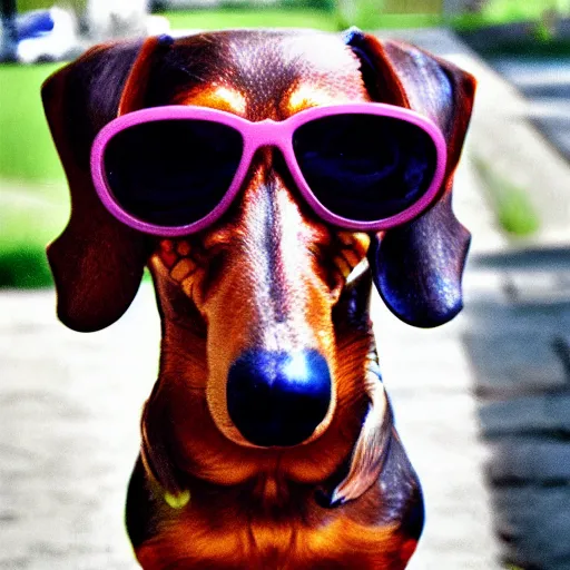 Prompt: Dachshund is crazy sunglasses