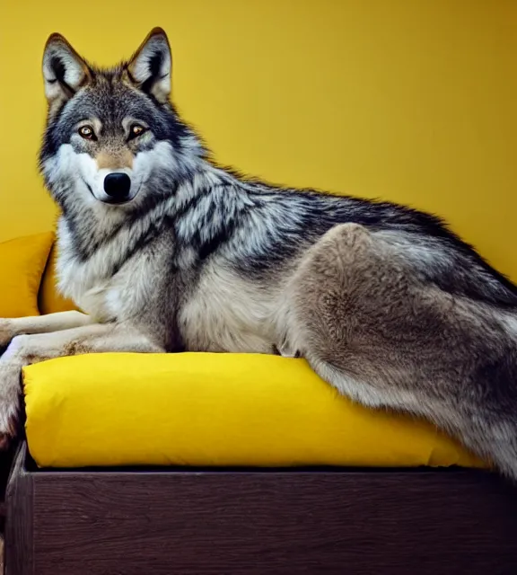 Image similar to a 4 k photorealistic photo of a wolf sitting on a bed in a yellow room