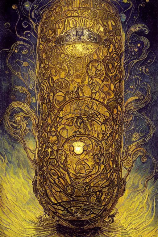 Image similar to The Ghost Lure by Karol Bak, Jean Deville, Gustav Klimt, and Vincent Van Gogh, mystic eye, otherworldly, ornate glowing lantern, radiant halo, shafts of light, shadowy ghost moths, moths, moth silhouettes, ghost whirlwind, tears, crying, fractal structures, arcane, inferno, inscribed runes, infernal relics, ornate gilded medieval icon, third eye, spirals