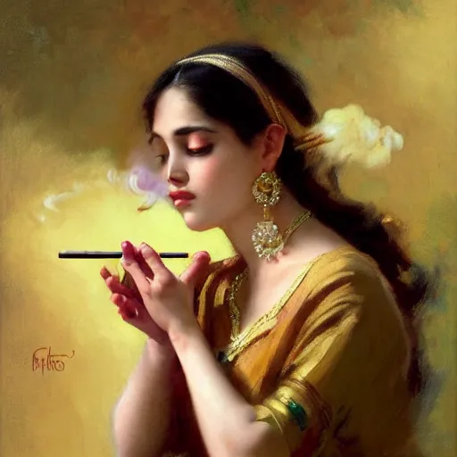 Prompt: detailed portrait of hindu traditional girl smoking joint i baroque painting, girl graceful, eyes closed, painting by gaston bussiere, craig mullins, j. c. leyendecker