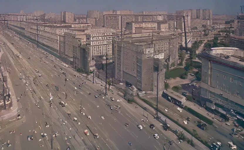 Image similar to high quality 2000s historic footage of soviet boulevard with stanilist style high rise and pedestrians, color aerial photo drone, Cinestill 800t, heavy grainy picture, very detailed, high quality, 4k panoramic