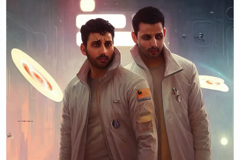 Image similar to Sensual good looking pale young Indian doctors wearing Blade Runner 2049 clothing in a space station above Earth, portrait, elegant, intricate, digital painting, artstation, concept art, smooth, sharp focus, illustration, art by artgerm and greg rutkowski and alphonse mucha