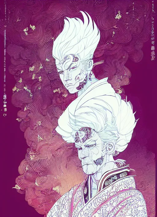 Prompt: beautiful illustration of a white haired samurai, in the style of james jean and victo ngai and sam guay and moebius, vibrant moody colors, trending on artstation
