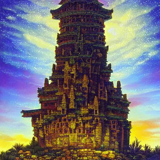 Image similar to “ a very detailed painting in the style of noriyoshi ohrai of an ancient holy tower, it is a glowing fortress and has iridescent mana radiating from it into the aether. it is centered. the background is the sky at dusk. retrofuturistic fantasy ”