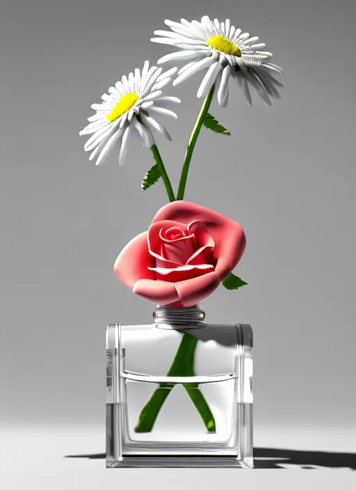 Image similar to perfume bottle standing in a miniature biomechanical white enchanted coral kingdom daisies, roses in an ivory room well contoured smooth fair walls, up close shot, sharp focus, global illumination, radiant light, alexandre ferra white mecha, irakli nadar, octane highly render, 4 k, ultra hd,