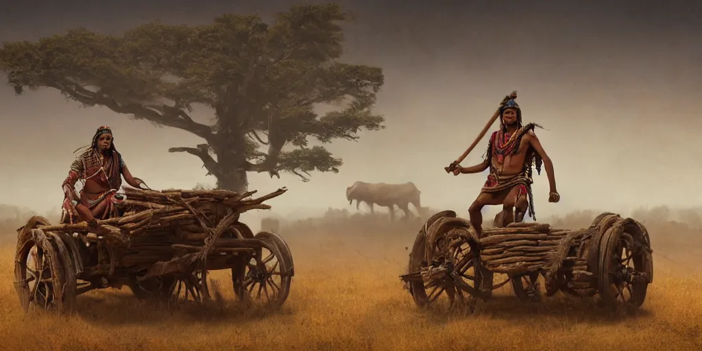 Image similar to photorealistic photo of an ancient indian tribesman on ancient atv with big wooden wheels, hunting panicked buffalo herd ,attacking, wild chase, action scene, an epic fantasy, dramatic lighting, cinematic, establishing shot, extremely high detail, photorealistic, cinematic lighting, artstation, octane render, by simon stalenhag, horizon forbidden west,old photo, high speed photography, vintage, extreme sports