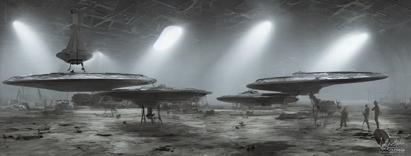 Image similar to engineer repairs special flying saucer full of modern military equipment, in the hall of area 55, high detail, ground fog, wet reflective ground, saturated colors, by James Paick, render Unreal Engine-H 704