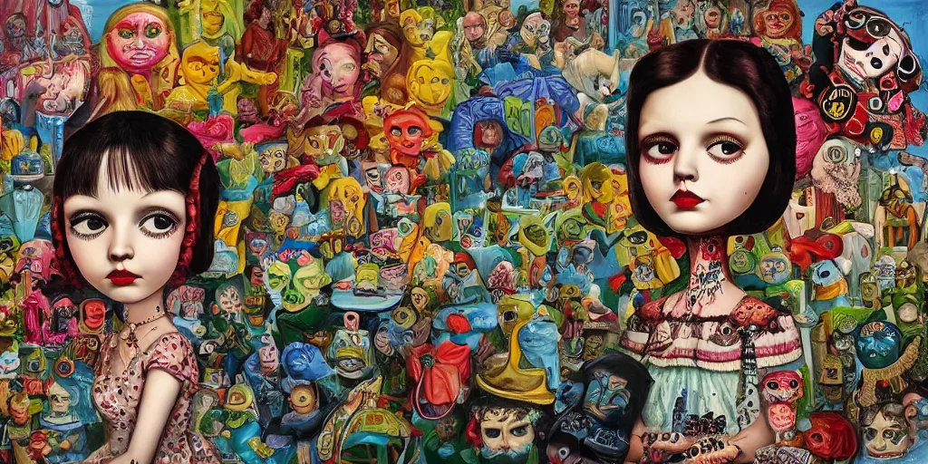 Prompt: 🛤🚞🚦 lowbrow pop folk art in the style of mark ryden,