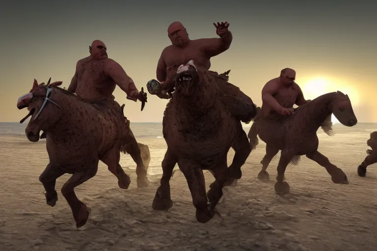 Image similar to photo, two fat ugly old men fight horse mutants 4 0 1 2 7 on a beach, highly detailed, scary, volumetric lighting, front view