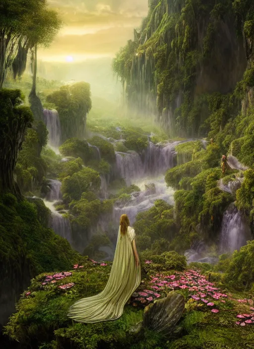 Image similar to an elegant fairy with wings of lace looking out at a lord of the rings scenery landscape, vast lush valley flowers and mushroom structures, stream, sunrise, god's rays highly detailed, vivid color, cinematic lighting, perfect composition, 8 k, gustave dore, derek zabrocki, greg rutkowski, belsinski, octane render