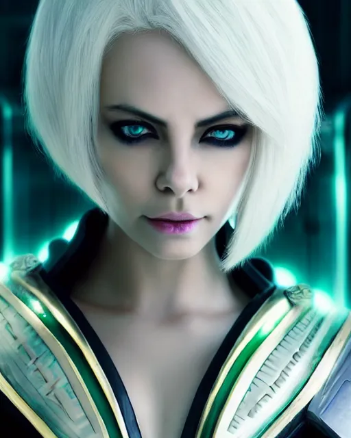 Image similar to perfect white haired attractive egyptian goddess, warframe armor, beautiful, symmetric, dreamy, half asian, pretty face, green eyes, charlize theron, detailed, scifi platform, laboratory, experiment, 4 k, ultra realistic, epic lighting, android body, illuminated, cinematic, masterpiece, art by akihito tsukushi, voidstar