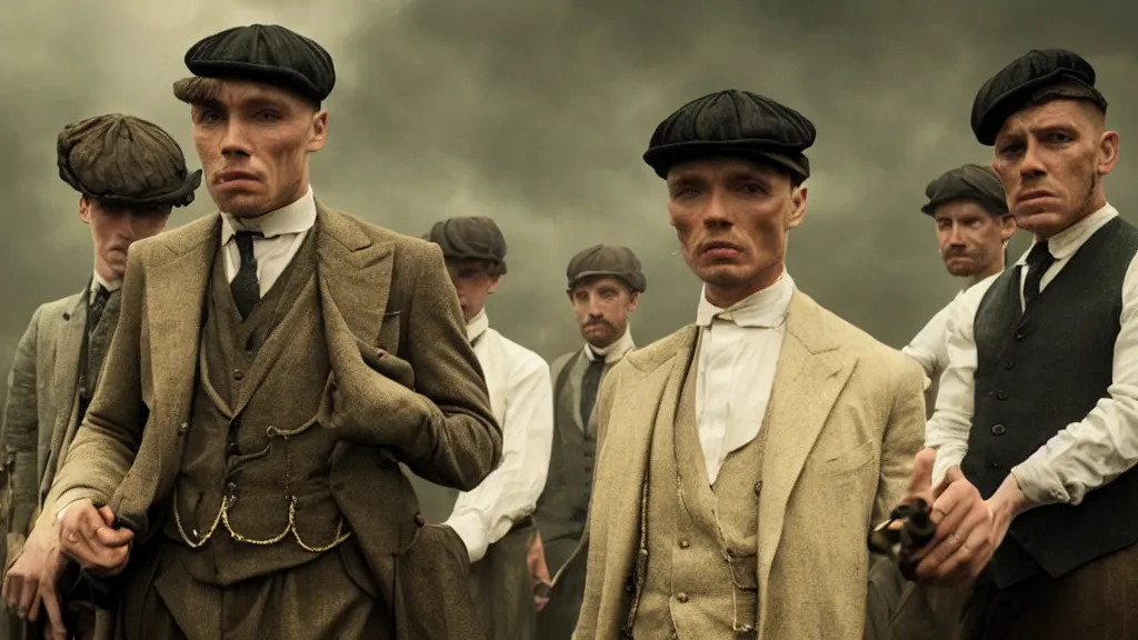 Image similar to the peaky blinders with shrimp heads, film still from the movie directed by denis villeneuve with art direction by zdzis