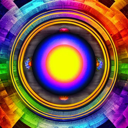 Image similar to rainbowcore, yinyang sign glowing, surrounded by lotus, with the sun shining with the moon, with detailed mandala filled with fractals, de-noise, symmetrical composition, high detailed, super clear, ornate border, 32k immaculate scale, hyper-realistic, Unreal Engine, Octane Render, digital art, trending on Artstation, atmospheric, immaculate