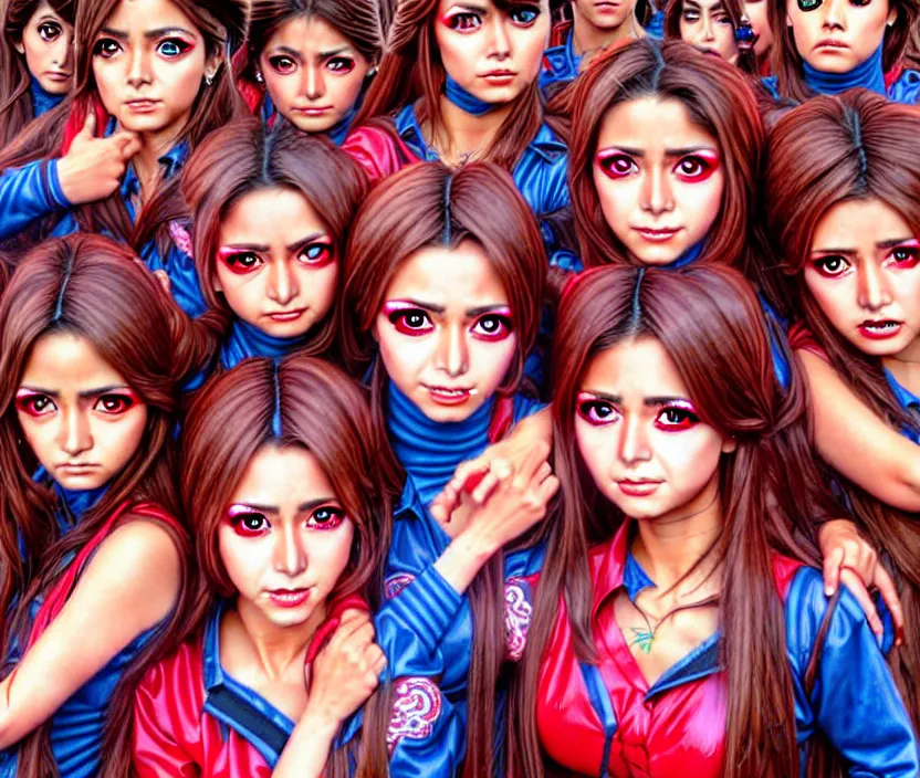 Prompt: richly detailed colored pencil 3D illustration of the female students of the Mexican telenovela called Rebelde who are resigned to their fate of being engulfed by an evil toad demon. surreal art by Range Murata and Artgerm.