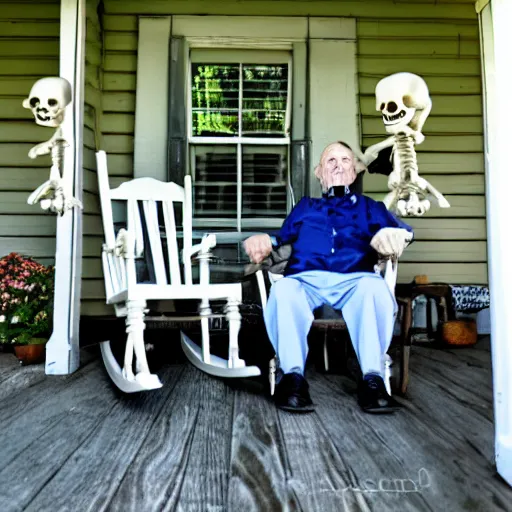 Prompt: tiny old man and his giant tall frightening skeleton wife sit in rocking chairs on on the porch of their house, 8mm photography