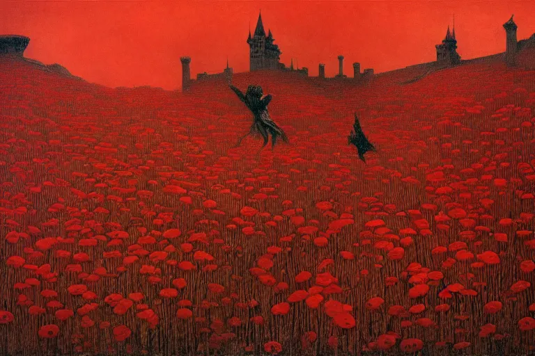 Image similar to only with red, red flowers of different types, a red tiger, a castle in the background, medieval demons dance over the flowers, an ancient path, in the style of beksinski, part by hopper, part by rodcenko, part by hofbauer, intricate composition, red by caravaggio, insanely quality, highly detailed, masterpiece, red light, artstation