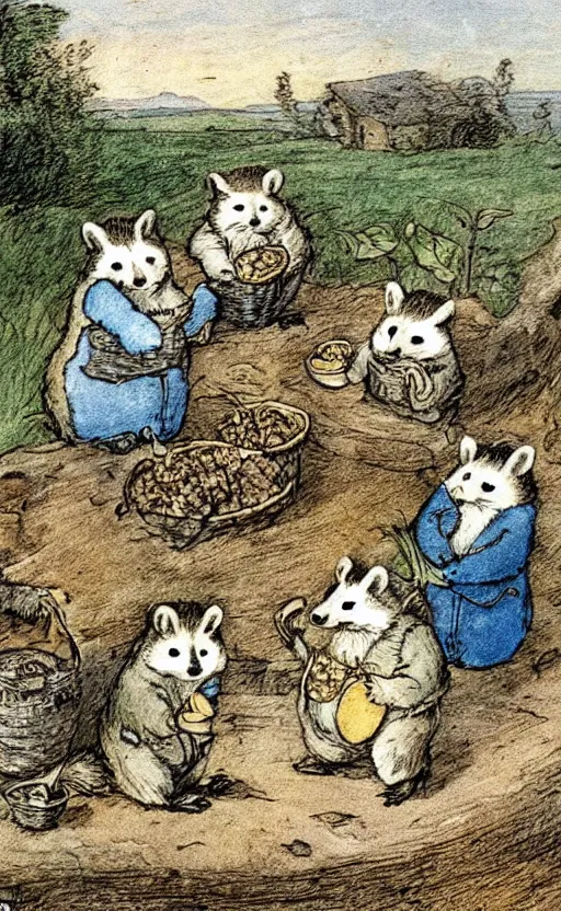 Prompt: a Beatrix potter illustration of raccoons at a picnic