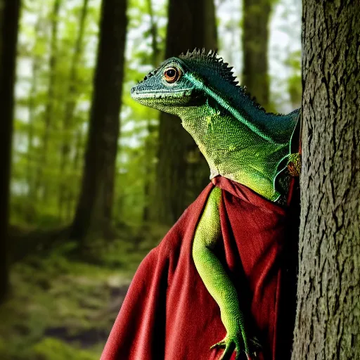 Image similar to medieval cloak wearing anthro lizard, photograph captured in the woods