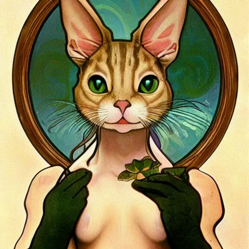 Prompt: a cute mix between a rabbit and a cat, beige, big green eyes, cute artgerm, alphonse mucha