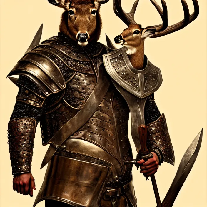 Prompt: portrait of a man with the head of a deer wearing a leather armor holding a pair of axe, subject in the center of the frame, wide angle shot, diffuse lighting, fantasy, intricate, elegant, highly detailed, lifelike, photorealistic, digital painting, artstation, illustration, concept art, smooth, sharp focus, art by John Collier and Albert Aublet and Krenz Cushart and Artem Demura and Alphonse Mucha