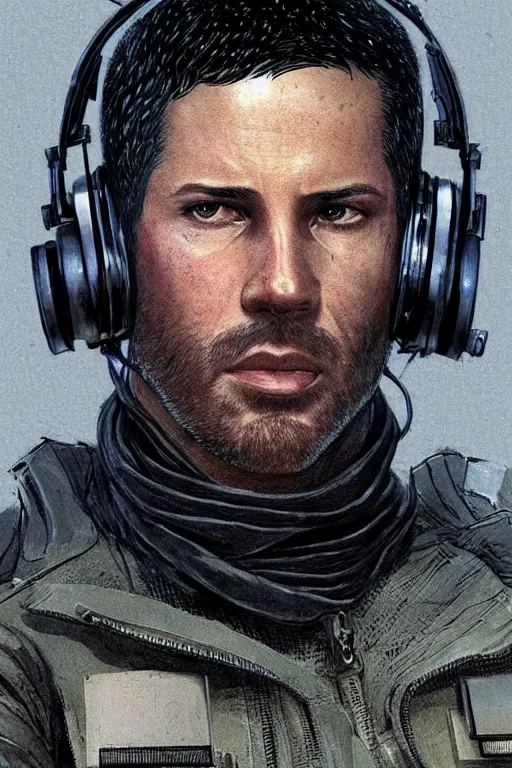 Image similar to Javier. smug blackops mercenary in tactical gear and cyberpunk headset. Blade Runner 2049. concept art by James Gurney and Mœbius.