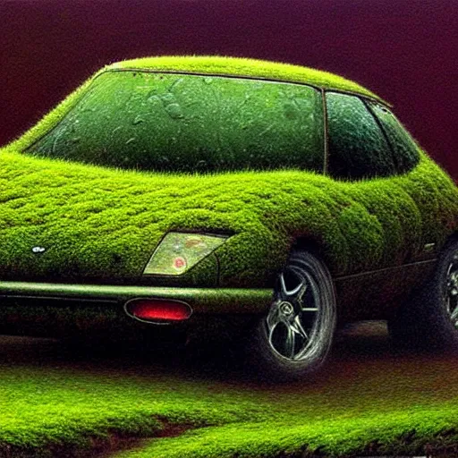 Image similar to hyper realistic painting of an abandoned Supercar covered with moss, an Australian summer landscape, by Zdzislaw Beksinski