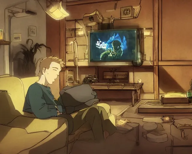 Prompt: beautiful art by studio ghibli of my friend mark kidd playing fallout new vegas on the xbox 3 6 0 in his dark living room. he is illuminated by the glow of the tv. cinematic composition, anime.