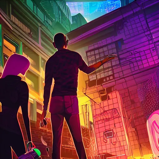 Image similar to two people arguing, detailed digital illustration by matt zeilinger, cyberpunk back alley, nighttime, colorful lighting, android netrunner