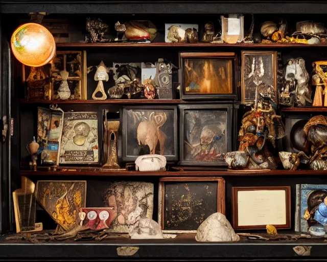 Prompt: a wizards magic cabinet full of oddities and curiosities, esoteric, hd award cinematic photography, studio lighting, 4 k 8 k 1 6 k