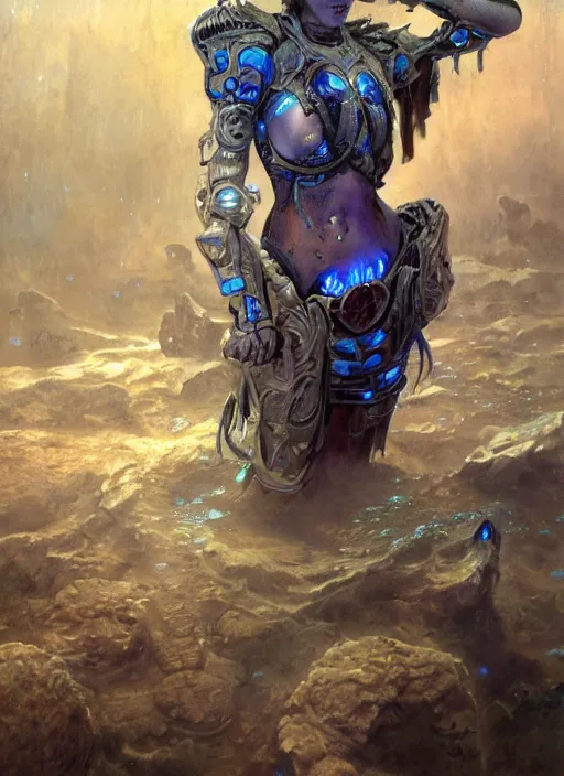 Image similar to biblical daemonic cyborg girl with glowing veins, shoulder pads, on planet jupiter, underwater photography, by gerald brom, by mikhail vrubel, by peter elson, muted colors, extreme detail, trending on artstation, 8 k