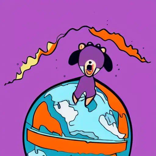 Image similar to cartoon illustration of a bear mascot being launched from a futuristic marble planet, purple and orange cloudland