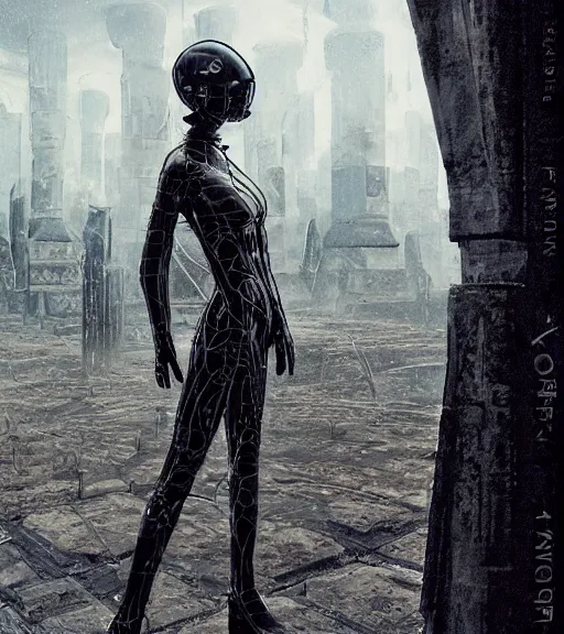 Image similar to tarkovsky greatest scene, stalket, the ancient destroyed majestic tower of babylon, woman in a gantz suit, futuristic cyber clothing, transparent puffer jacket, hyperrealistic, blockchain, cyber world, ambient lighting, concept art, intricate sky, hyper detailed, smooth, dynamic volumetric lighting, octane, ray trace, cinematic, high quality, cgsociety