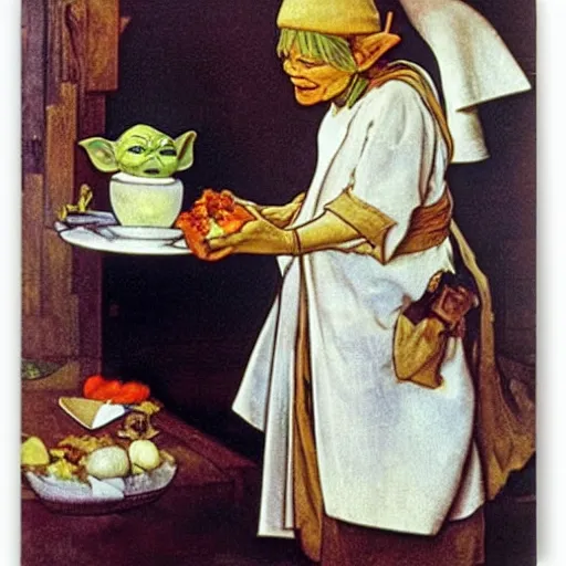 Image similar to baby yoda as a chef wearing a white apron and wearing a white chef's hat, by Jan van Eyck, by alphonse mucha