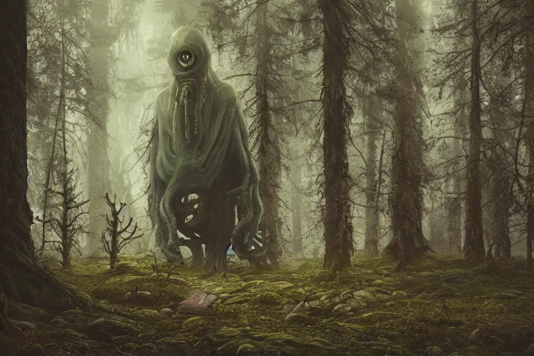 Prompt: creepy eldritch monster in a swedish forest, very low angle photograph, very detailed, trending on artstation, realistic, soft colors, simon stålenhag, lovecraft, horror