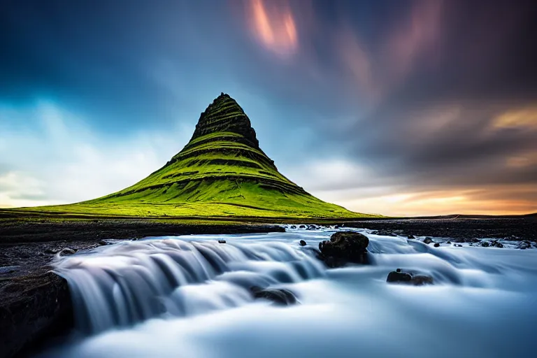 Image similar to amazing landscape photo of Kirkjufell by marc adamus, beautiful, dramatic lighting