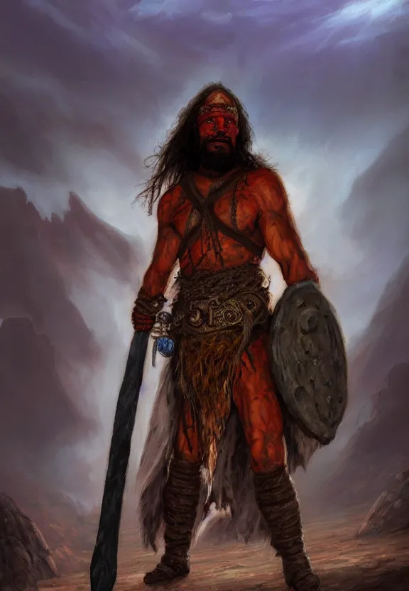 Image similar to a solitary randy savage wearing a colourful heavy cloak alone full body rocky desolate wasteland fire lit | portrait | fantasy impressionist oil painting | matte painting | matte drawing | middle earth | pathfinder | artstation deviant art | sword and sorcery | pintrest | conan | darksun | d & d dungeons and dragons | barbarian