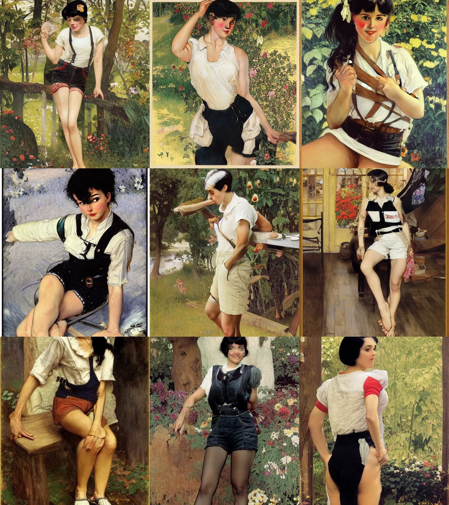 Prompt: a woman with black hair and long pixie haircut in shorts with suspenders and white t-shirt drawn by Hans Andersen Brendekilde, norman rockwell, frank frazetta, alphonso azpiri, maler collier, peter paul rubens, alphonse mucha, gustav klimt 4k, unreal 5, DAZ, french noveau, trending on artstation, octane render, hyperrealistic