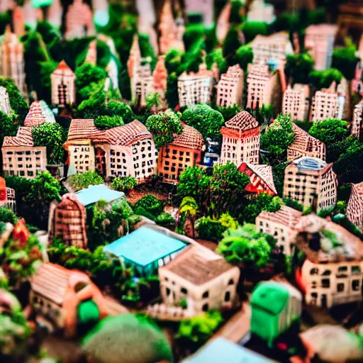 Image similar to macro photo of a miniature secret hidden world with tiny buildings and people inside of a hollowed out watermelon