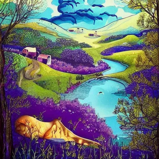 Image similar to A beautiful mixed mediart of a landscape. It is a stylized and colorful view of an idyllic, dreamlike world with rolling hills, peaceful looking animals, and a flowing river. The scene looks like it could be from another planet, or perhaps a fairy tale. by Sandra Chevrier churning, threatening