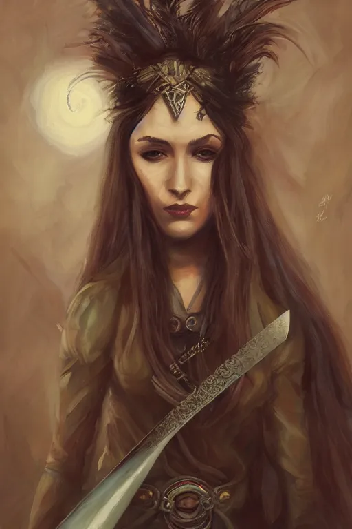 Image similar to a painting of a woman with a sword, a character portrait by Nína Tryggvadóttir, deviantart contest winner, fantasy art, wiccan, deviantart, detailed painting