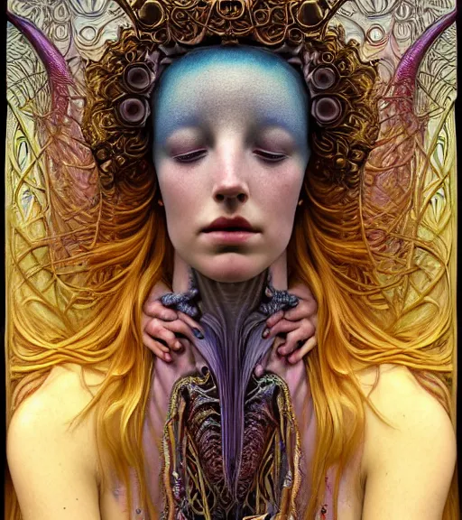 Image similar to detailed realistic beautiful young groovypunk queen of andromeda galaxy in full regal attire. face portrait. art nouveau, symbolist, visionary, baroque, giant fractal details. horizontal symmetry by zdzisław beksinski, iris van herpen, raymond swanland and alphonse mucha. highly detailed, hyper - real, beautiful