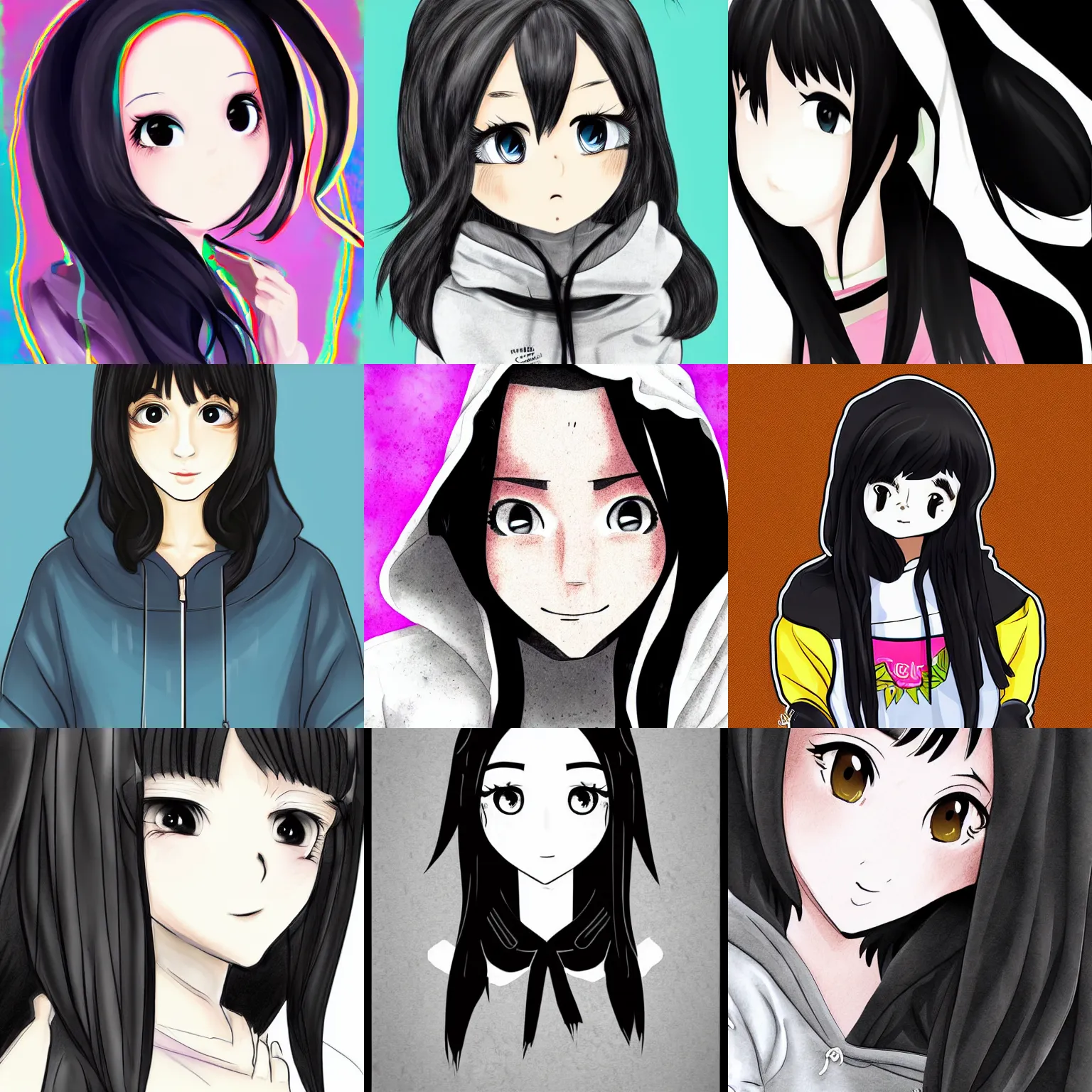 Prompt: digital art of black haired cute girl wearing hoodie drawn by mika anmi