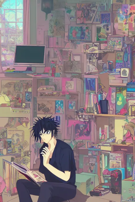 Prompt: anime goth guy sitting on the floor of a cluttered 9 0 s bedroom reading a book, vaporwave colors, lo - fi, concept art, smooth, detailed, toon shading, cel shading, animation, 4 k, hd,