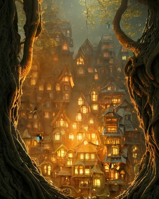 Prompt: a tilt - shift town nestled in the hollow of a tree, studio lighting, golden ratio, details, scifi, dark fantasy, intricate, decadent, ornate, highly detailed, digital painting, octane render, ray tracing reflections, 8 k, artstation, concept art, smooth, sharp focus, illustration, art by artgerm, loish, by wlop