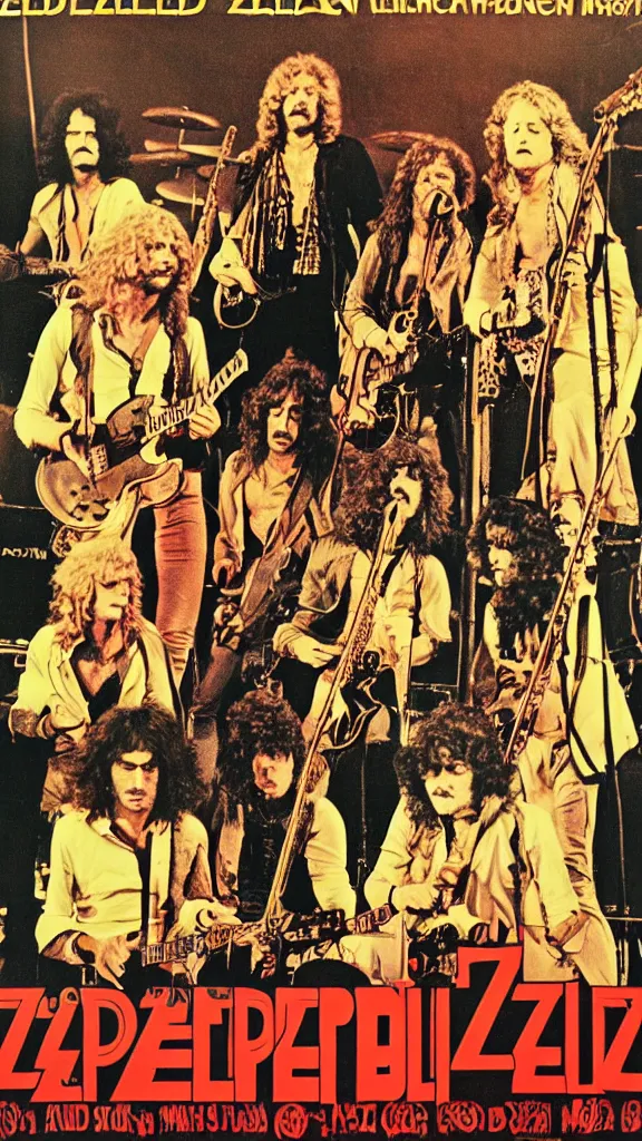 Image similar to Led Zeppelin concert poster circa 1974, Madison Square Garden, colorized, Robert plant, Jimmy Page, guitars, drum kit