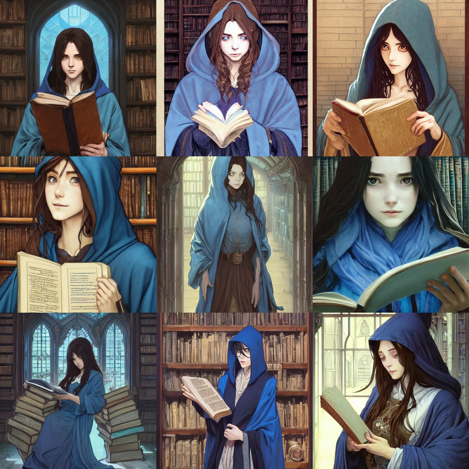 Prompt: portrait of a female wizard with long brown hair wearing a blue hood and blue robe holding a book inside an old library, fantasy, seinen, highly detailed, digital painting, pixiv, concept art, character art, art by greg rutkowski, tyler jacobson, alphonse mucha, ross tran and makoto shinkai